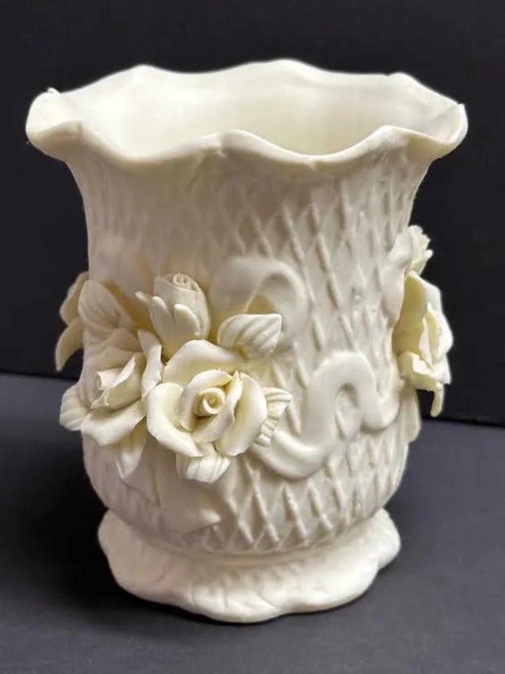 Vintage Capodimonte Style Ivory Porcelain Tumbler Cup Glass Raised Flowers 4.5"